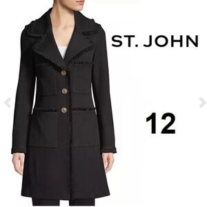 St. John Milano Pique Knit Fit Flare Topper With Knit Fringe Trim Size 12 New